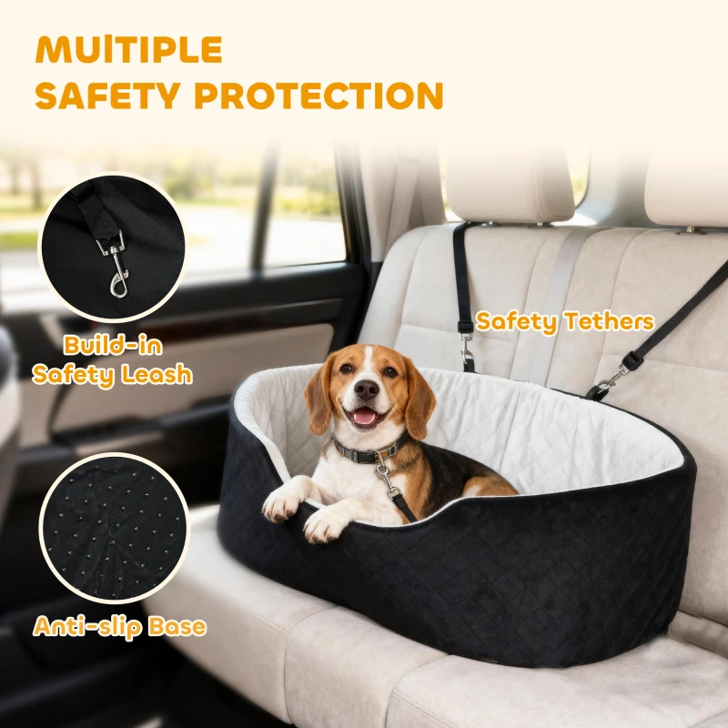 PawHut Dog Car Seat for Small Medium Pets, Detachable Washable Pet Bed with Cushion and Safety Belt for Dog Under 33lbs, Black