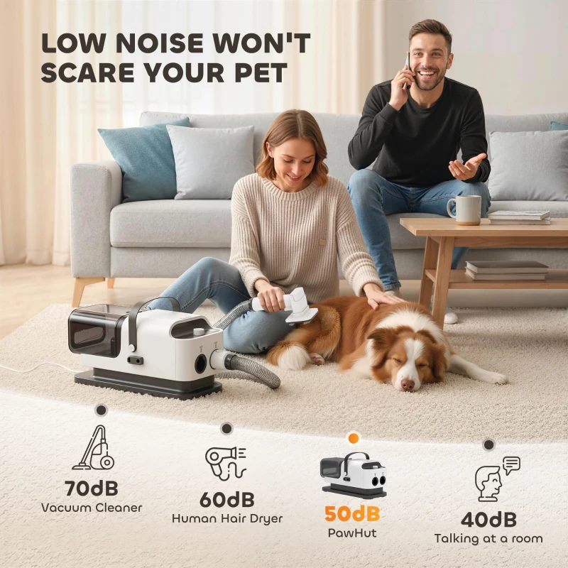 PawHut 5 in 1 Dog Grooming Vacuum & Dryer w/ Clipper, 50dB Low Noise, Adjustable Speed & Temp, 1.8L Canister