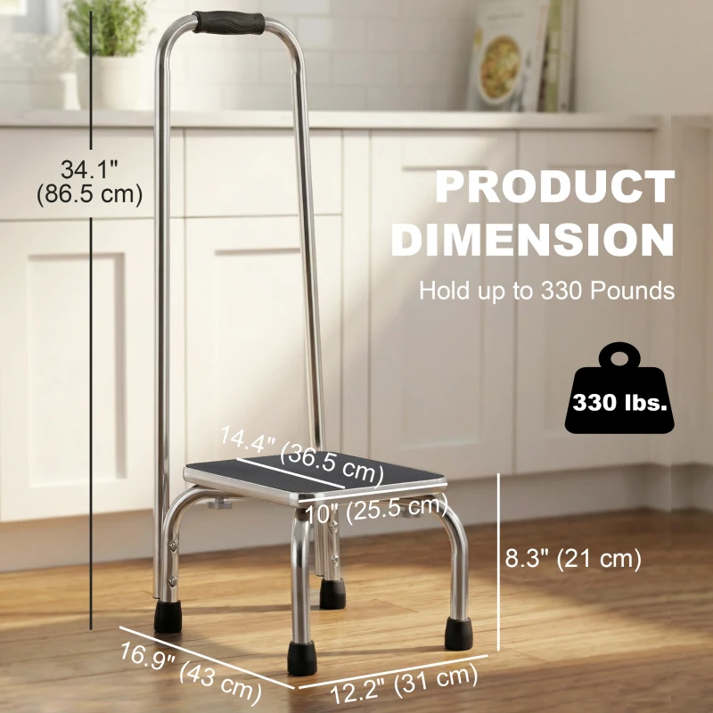 HOMCOM Step Stool with Handle for Adults and Seniors, Heavy Duty Metal Foot Step Stool for Elderly, Portable Stool with Anti-slip Design