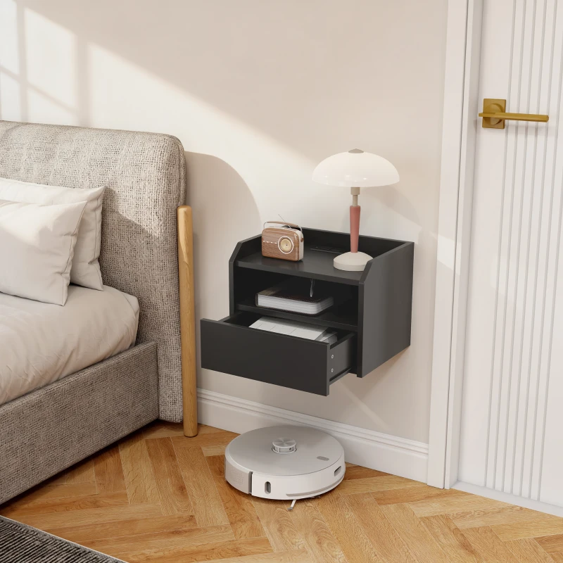 HOMCOM Wall Mounted Bedside Table, Set of 2 Floating Nightstand with Charging Station, Drawer and Open Shelf for Bedroom, Black