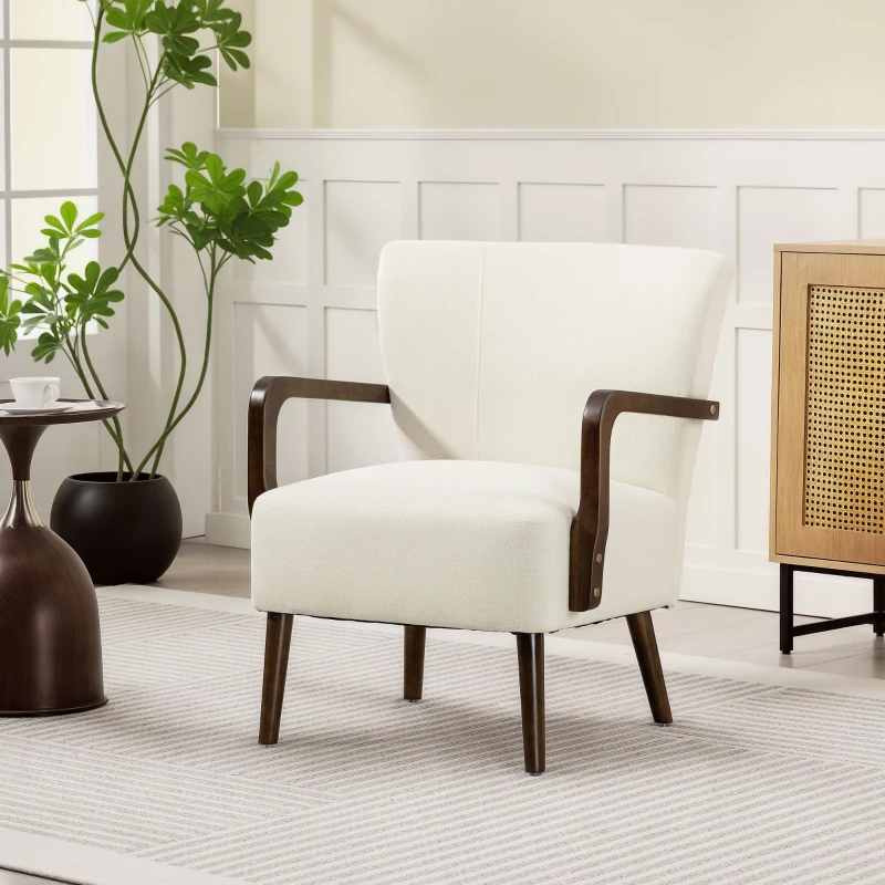 HOMCOM Accent Chair with Wooden Legs, Linen Fabric Armchair with Thick Padding, Comfy Chair for Living Room, Cream White