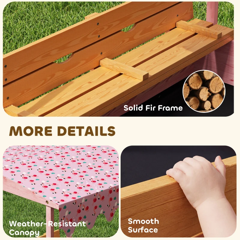 Qaba Wooden Sandbox with Cover, Kids Sandbox Outdoor with Seat, Bottom Liner, Canopy for Ages 3-6, Flamingos Print, Pink