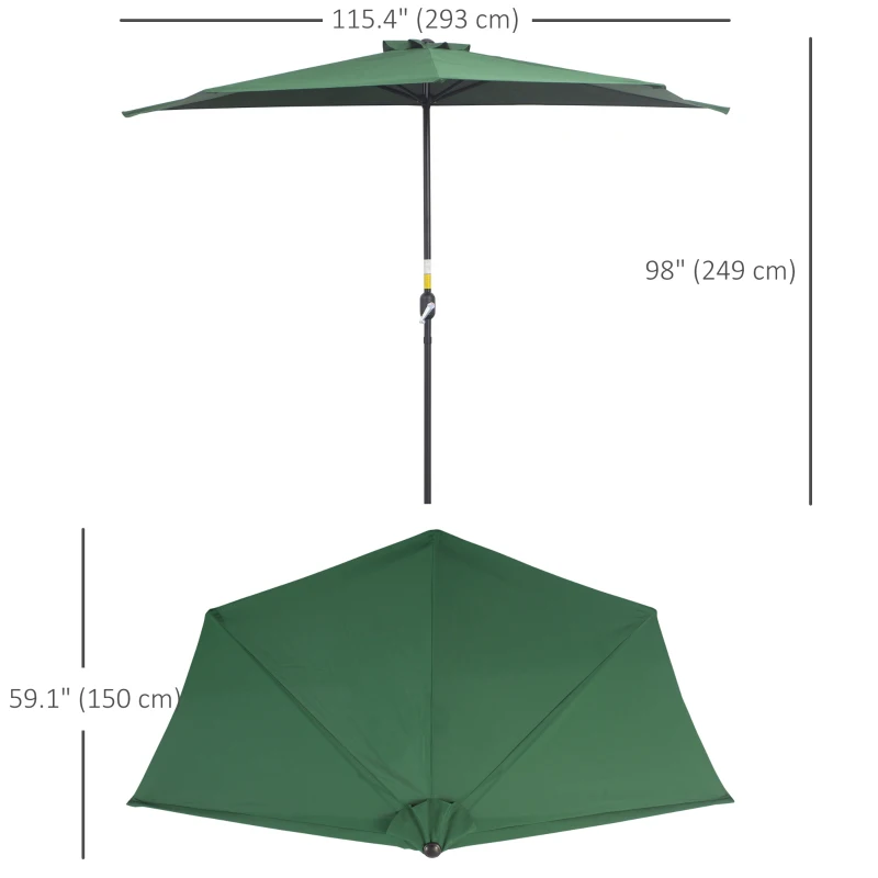 Outsunny 9.8ft Half Umbrella Semi Round Patio Parasol with Crank Handle, Top Vent for Garden, Balcony- NO BASE INCLUDED, Green