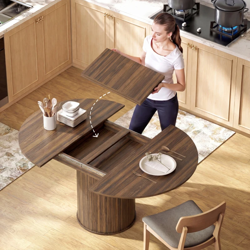 HOMCOM Extendable Kitchen Table for 6-8, 43.5"-59" Farmhouse Dining Table with Pedestal Base Walnut Wood Grain