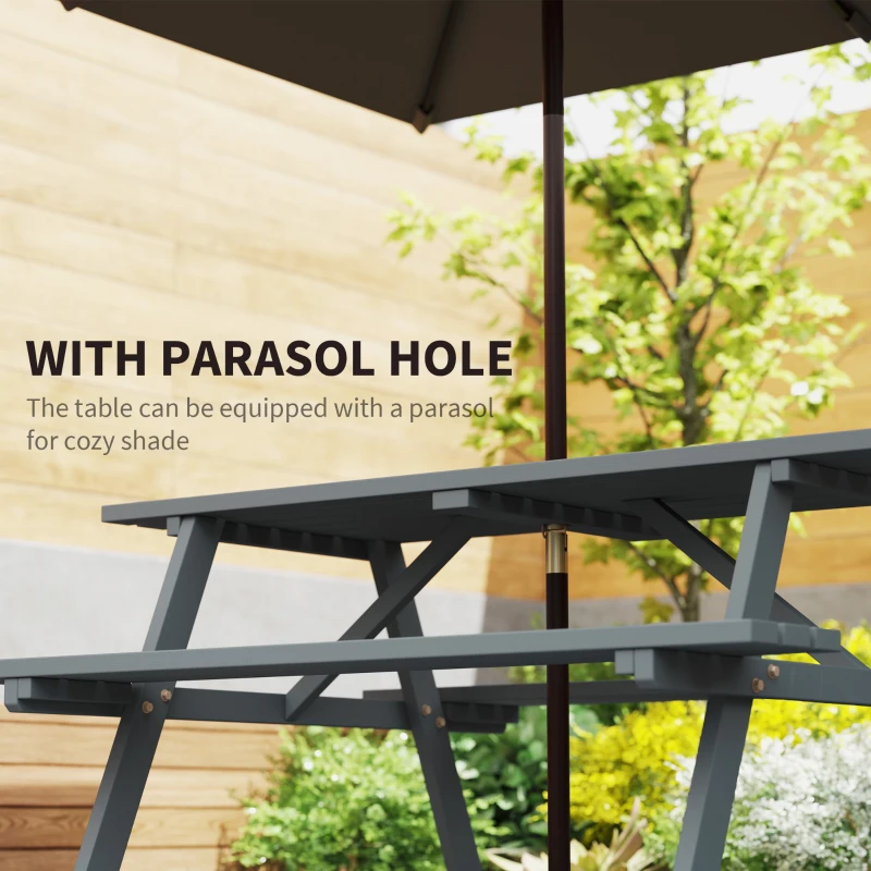 Outsunny Wood Picnic Table, Camping Table and Bench Set with Umbrella Hole for Outdoor, Garden, Patio, Backyard, Grey