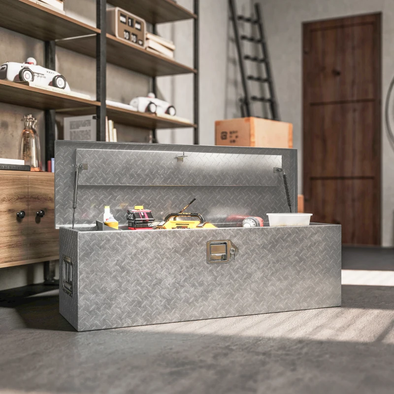 HOMCOM 48 Inch Truck Bed Tool Box, Heavy Duty Aluminum Diamond Plate Trailer Tongue Box with Side Handle and Locks Keys
