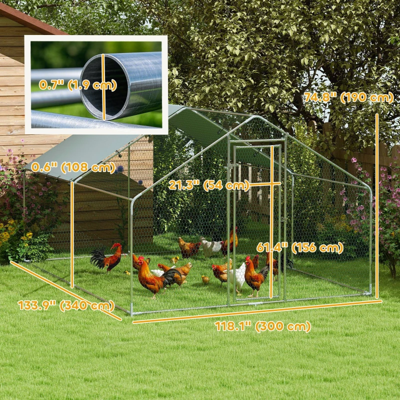 PawHut Metal Chicken Coop, 9.8 x 11.2 FT Walk-in Chicken Run with Cover, Lockable Door, Outdoor Poultry Cage for 10-15 Chickens