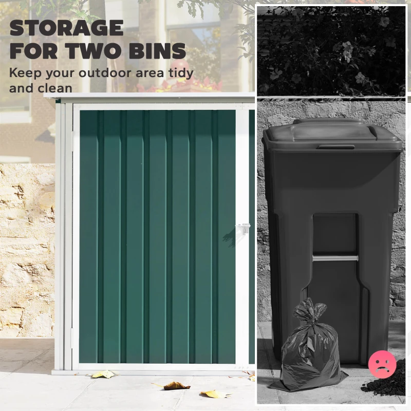 Outsunny Outdoor Steel Wheelie Trash Can, Storage Shed With Double Door & Lid Rubbish Cover for 2 Trash Cans