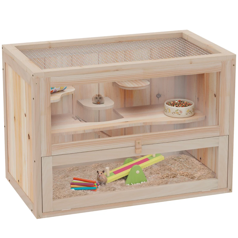 PawHut 24 Inch Hamster Cage, 2 Levels Small Animals Habitat Pet House with Openable Roof, Run Space, Platforms, Natural Wood