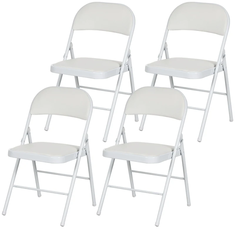 HOMCOM Set of 4 Metal Foldable Chairs, PU Leather Padded Folding Chairs with Cushion Seat and Open Back for Indoor, White