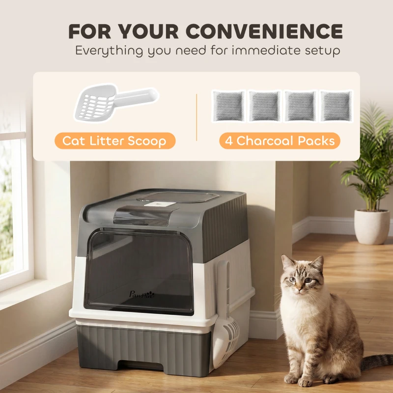 PawHut Cat Litter Box Hooded Cat Litter Tray with Drawer Pan Front Entry & Top Exit Easy Cleaning Gray