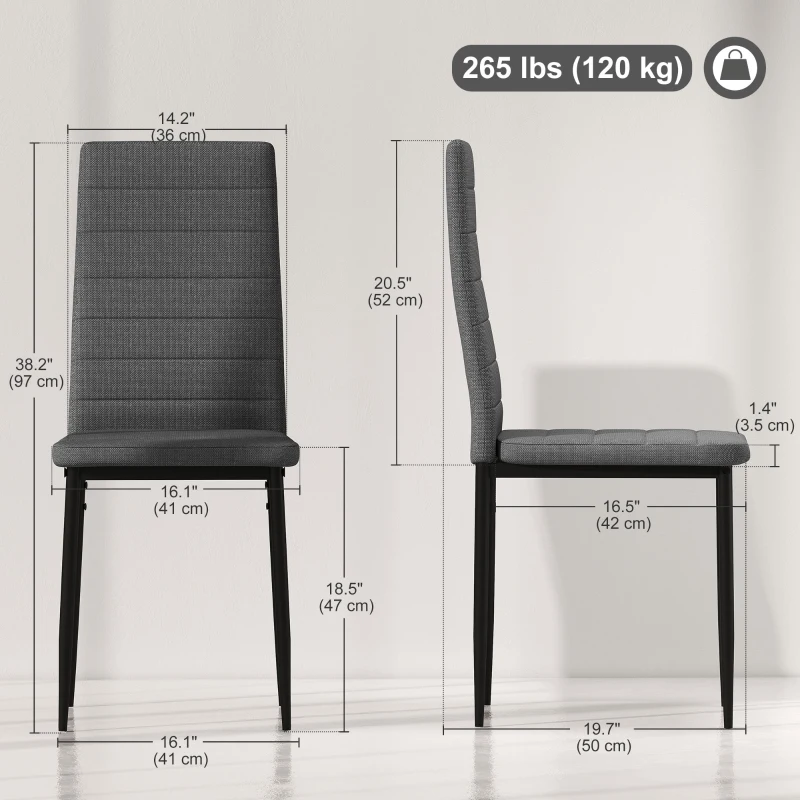 HOMCOM Modern Dining Chairs, Set of 6, High Back Linen Fabric Upholstery and Metal Legs for the Living Room, Home, Grey
