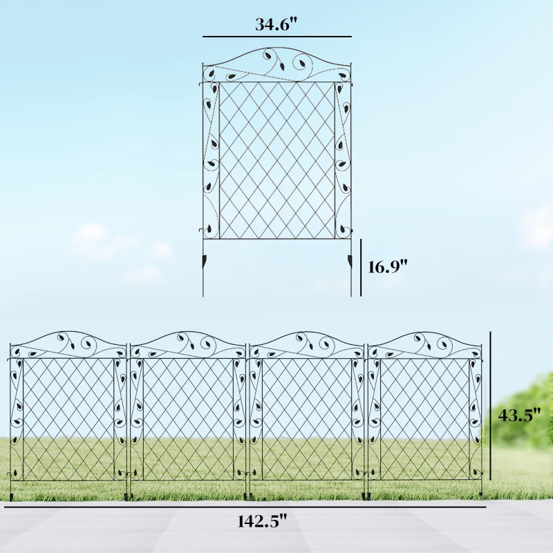 Outsunny Garden Fence, 4 Pack Steel Fence Panels, 11.5' L x 43" H, Rust-Resistant Decorative Border Flower Edging for Yard, Landscape, Patio, Outdoor Decor, Wavey Vines
