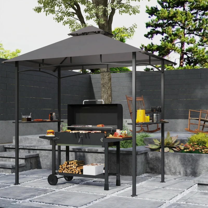 Outsunny 8' x 5' BBQ Grill Gazebo Tent with Double Tiered Canopy for Outdoor Sun Shade, Dark Grey
