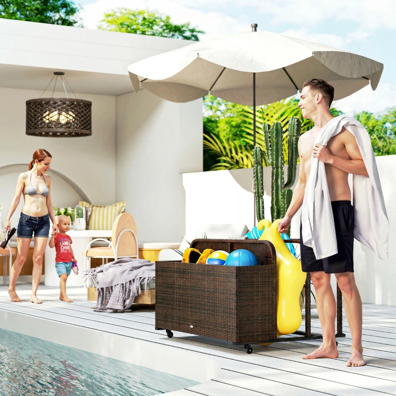 Outsunny PE Rattan Pool Float Storage Organizer with Wheels, Mixed Brown