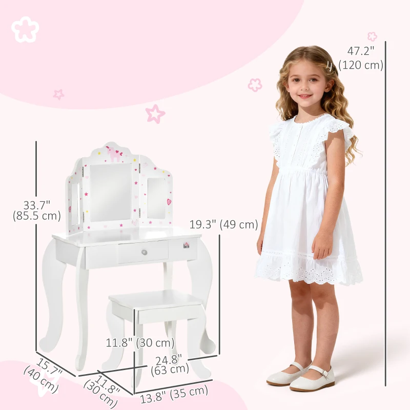 Qaba Kids Vanity Table and Stool, Makeup Vanity Girls Dressing Table Set with Tri-folding Mirrors Drawer Star and Heart Pattern, White