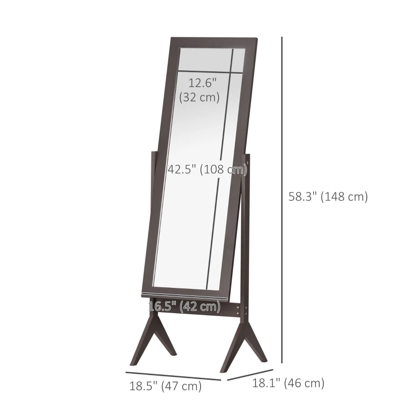 HOMCOM Full Length Mirror, Free Standing Full Body Mirror with Rectangular Frame, Adjustable Angle for Dressing Room, Bedroom, Living Room, Dark Brown