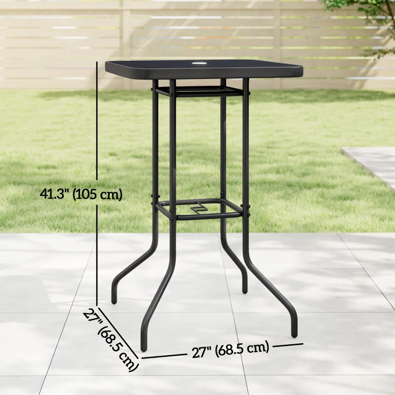 Outsunny Outdoor Bar Table with Umbrella Hole, 41.3" Bar Height Patio Table with Glass Top and Metal Frame, Black