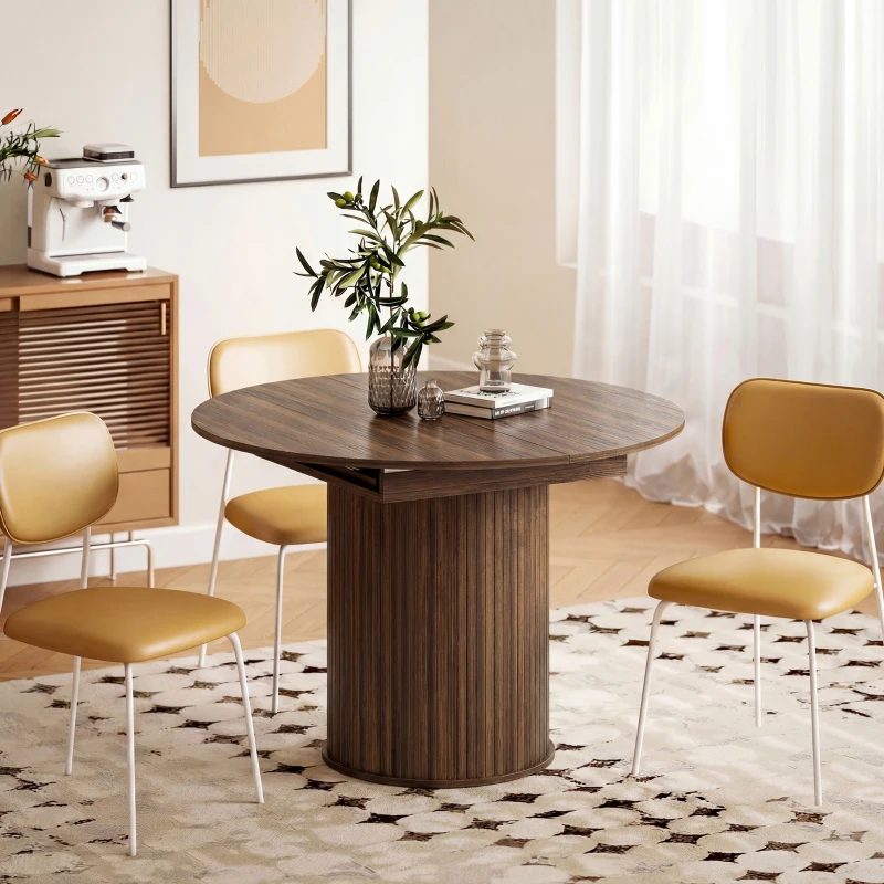 HOMCOM Extendable Kitchen Table for 6-8, 43.5"-59" Farmhouse Dining Table with Pedestal Base Walnut Wood Grain