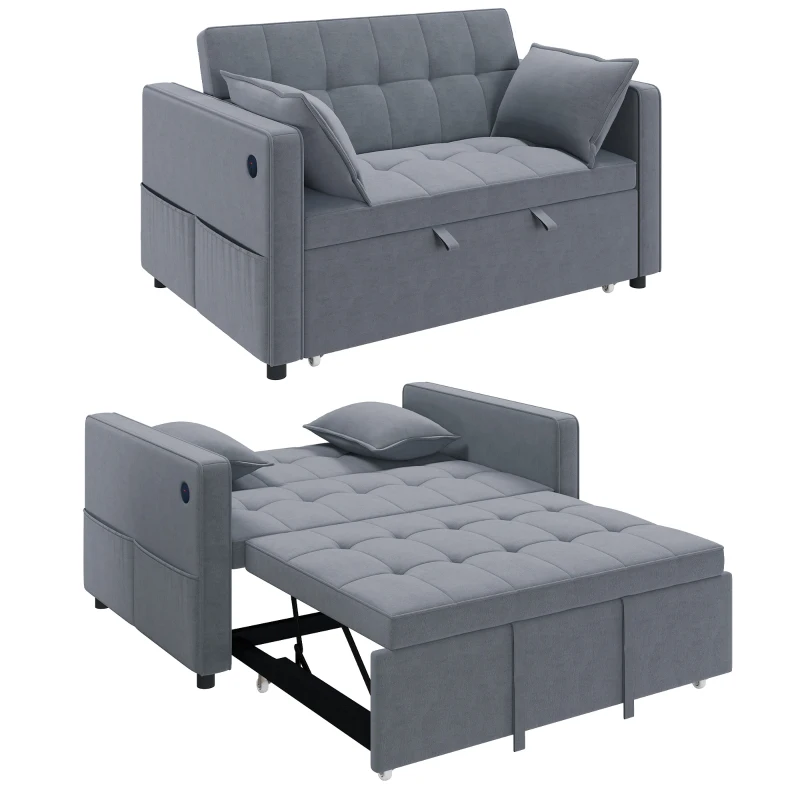 HOMCOM 3‑in‑1 Convertible Sofa Bed, Pull Out Sleeper Sofa with USB Charging, Adjustable Backrest, Side Pockets, Dark Grey