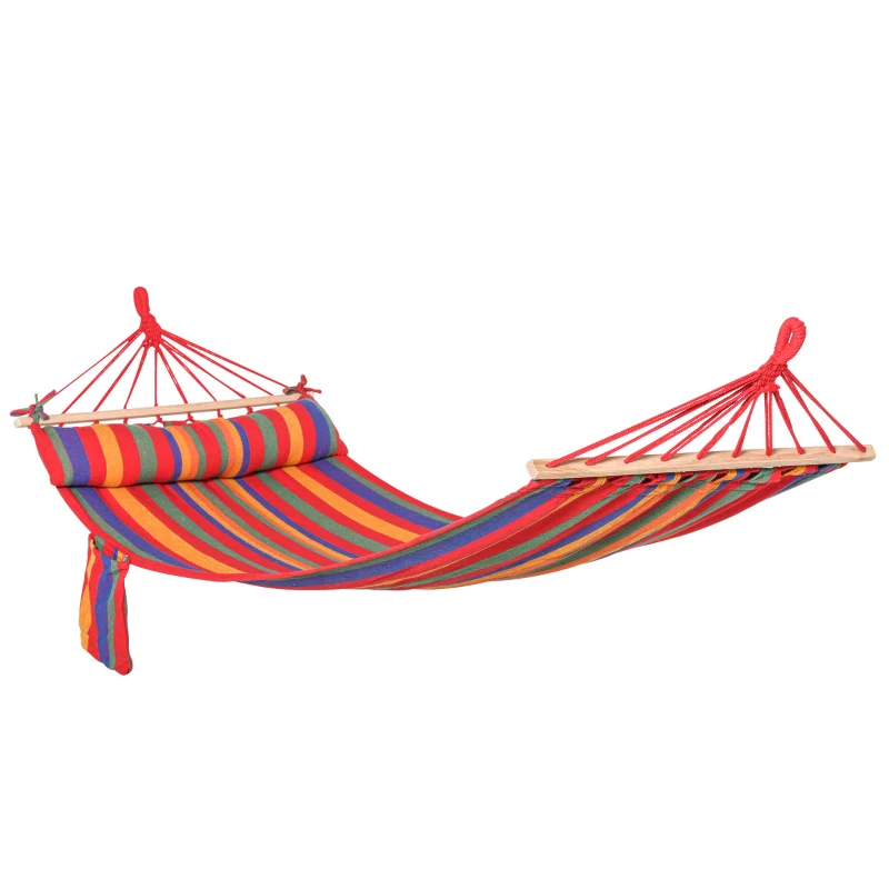Outsunny Cotton Hammock Portable Soft Swing Sleeping w/ Headrest & Side Pocket Deluxe Swing Chair for Beach, Yard, Bedroom, Patio, Porch, Indoor, Outdoor, Rainbow Stripes