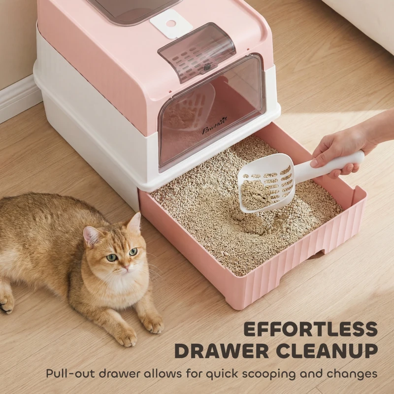 PawHut Cat Litter Box Hooded Cat Litter Tray with Drawer Pan Front Entry & Top Exit Easy Cleaning Pink