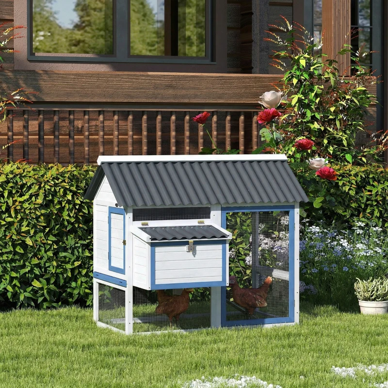 PawHut 55.5" Wooden Chicken Coop with Run Box, Nesting Box, Removable Tray, Ramp, Outdoor Backyard for 2-3 Chickens, White