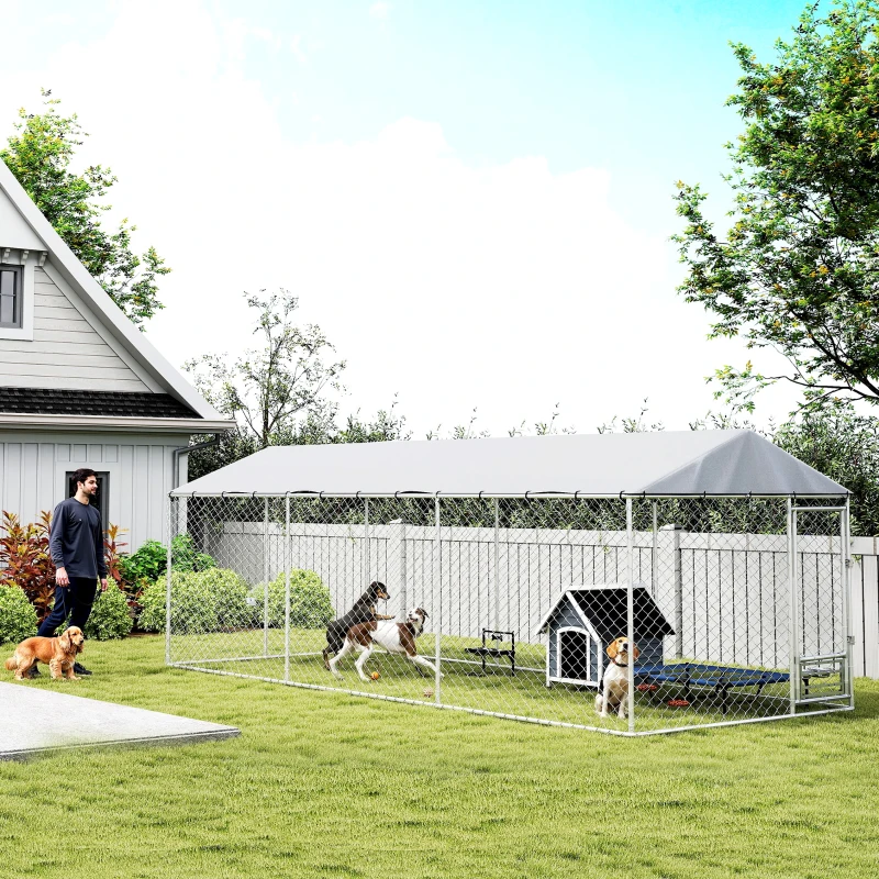 PawHut Dog Kennel Outdoor Dog Run Waterproof UV-Resist Cover Lockable Door Adjustable Bowls 20 x 7.5 x 6.5ft