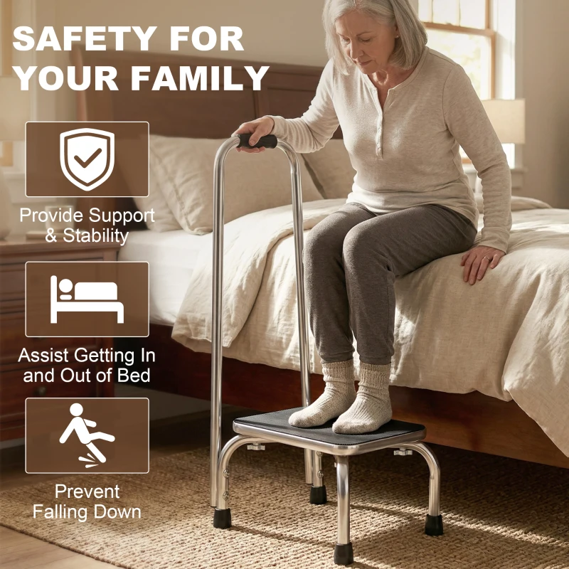 HOMCOM Step Stool with Handle for Adults and Seniors, Heavy Duty Metal Foot Step Stool for Elderly, Portable Stool with Anti-slip Design