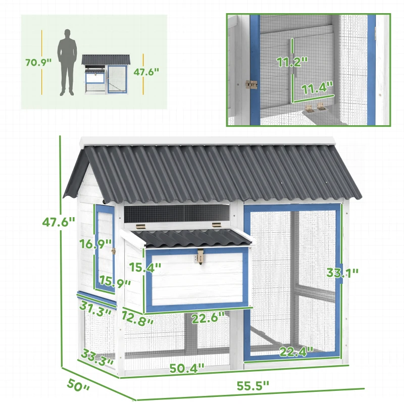 PawHut 55.5" Wooden Chicken Coop with Run Box, Nesting Box, Removable Tray, Ramp, Outdoor Backyard for 2-3 Chickens, White