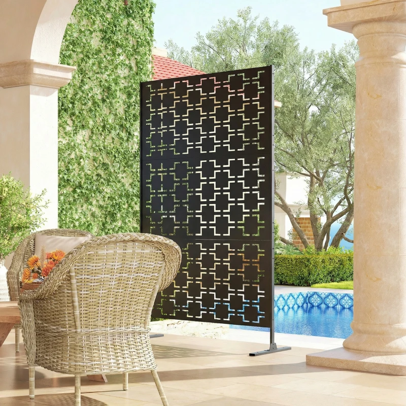 Outsunny 6.5FT Decorative Outdoor Divider, Metal Privacy Screen with Stand, Grid Style, Black