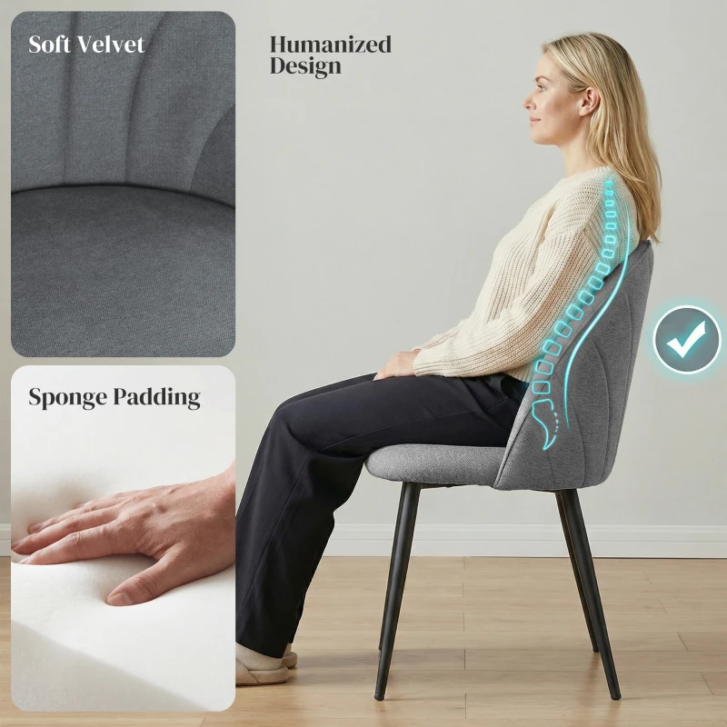 HOMCOM Modern Dining Chairs Set of 4, Upholstered Dining Room Chairs with Metal Legs, Shell Backrest, Padded Seat, Grey