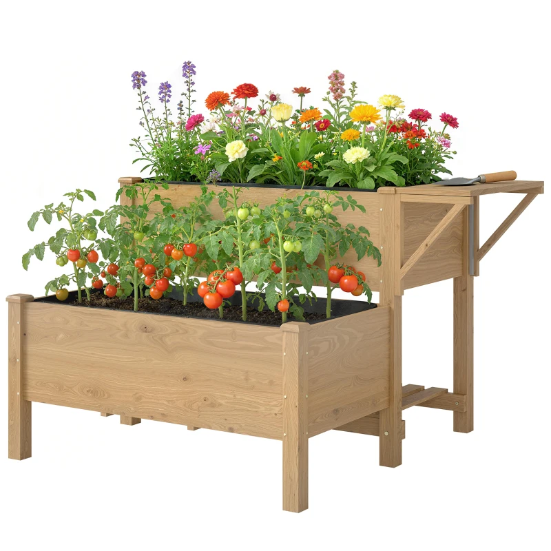 Outsunny Wooden Raised Garden Bed, 2-Tier Raised Planter with Storage Shelf, Side Board, Drainage Holes and Liner