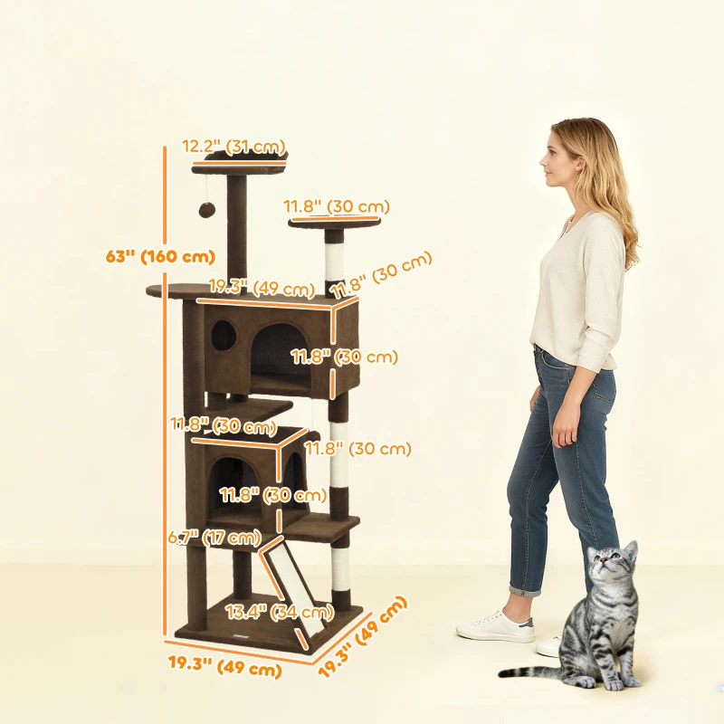 PawHut 63" Cat Tree, Multi-Level Cat Tower with Scratching Posts, Cat Condos, Bed, Platforms, Ramp, Toy Ball, Light Brown