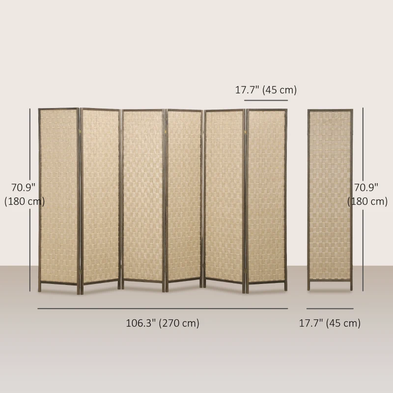 HOMCOM 6 FT Room Divider, 6 Panel Folding Privacy Screen, Lightweight Handwoven Freestanding Partition for Home Office, Brown