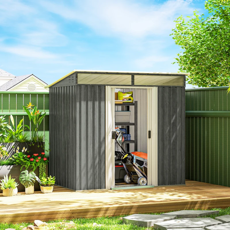 Outsunny 6.5x4FT Galvanised Metal Shed with Foundation Kit, Lockable Garden Tool Storage House with Sliding Doors, Vents, Grey