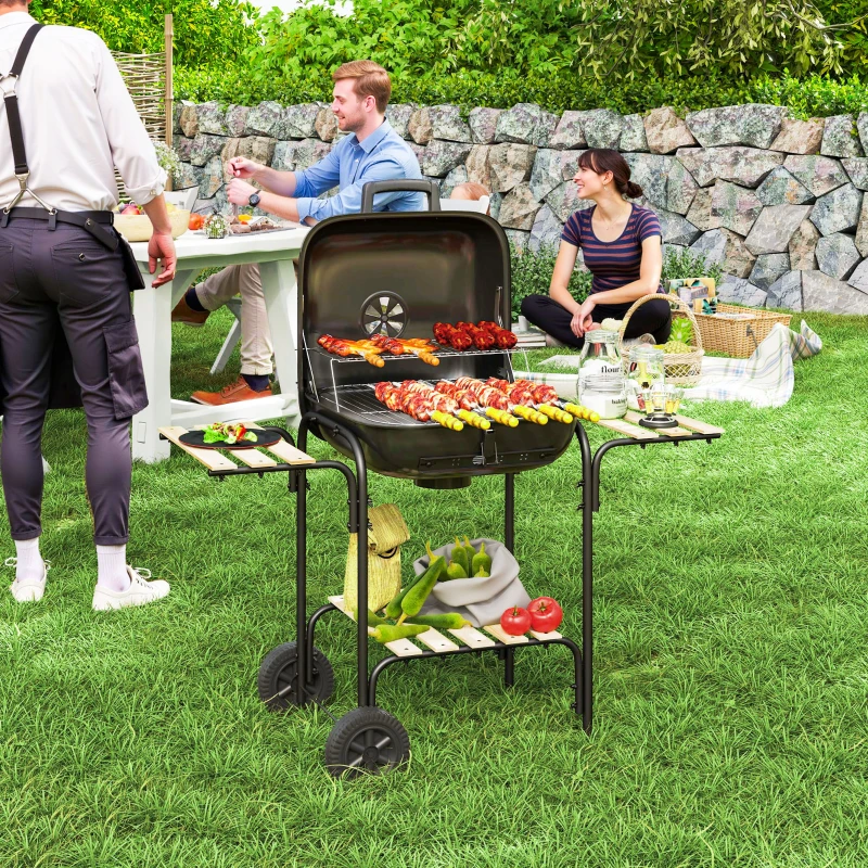 Outsunny Charcoal BBQ Grill, BBQ Grill with 1840 cm² Cooking Area, 3 Shelves, Adjustable Vent, Lockable Lid, Wheels, Black