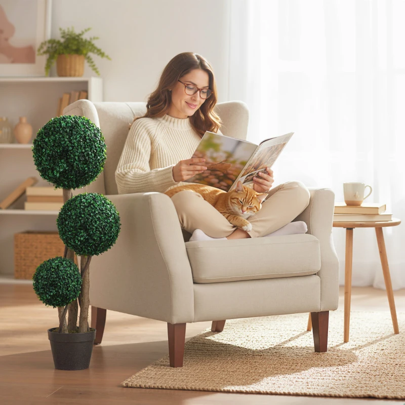 HOMCOM 35 Inch Potted Fake Plant Set of 2, Artificial Boxwood Topiary Tree, Triple Ball Tree for Indoor and Outdoor, Green