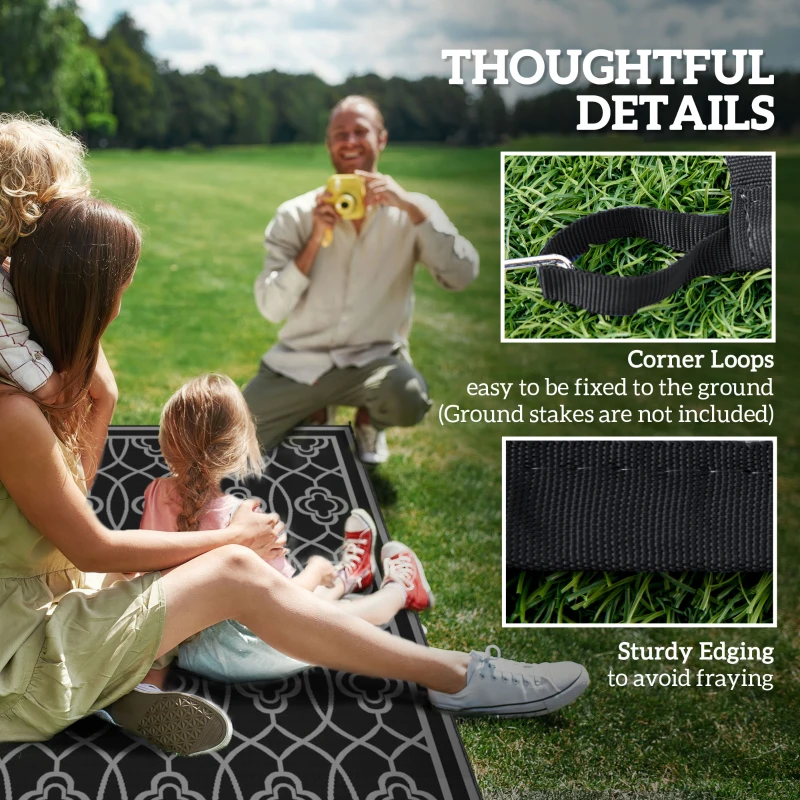 Outsunny 9' x 18' Outdoor RV Rug, Reversible Patio Floor Mat with Carry Bag, Lantern, Black and Grey