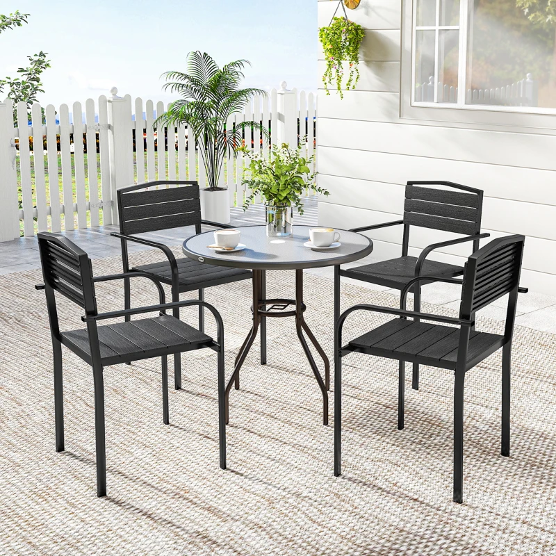 Outsunny Stackable Patio Chairs Set of 4, Outdoor Dining Chairs with Slatted HDPE Seat, Armrests for Garden, Backyard, Black