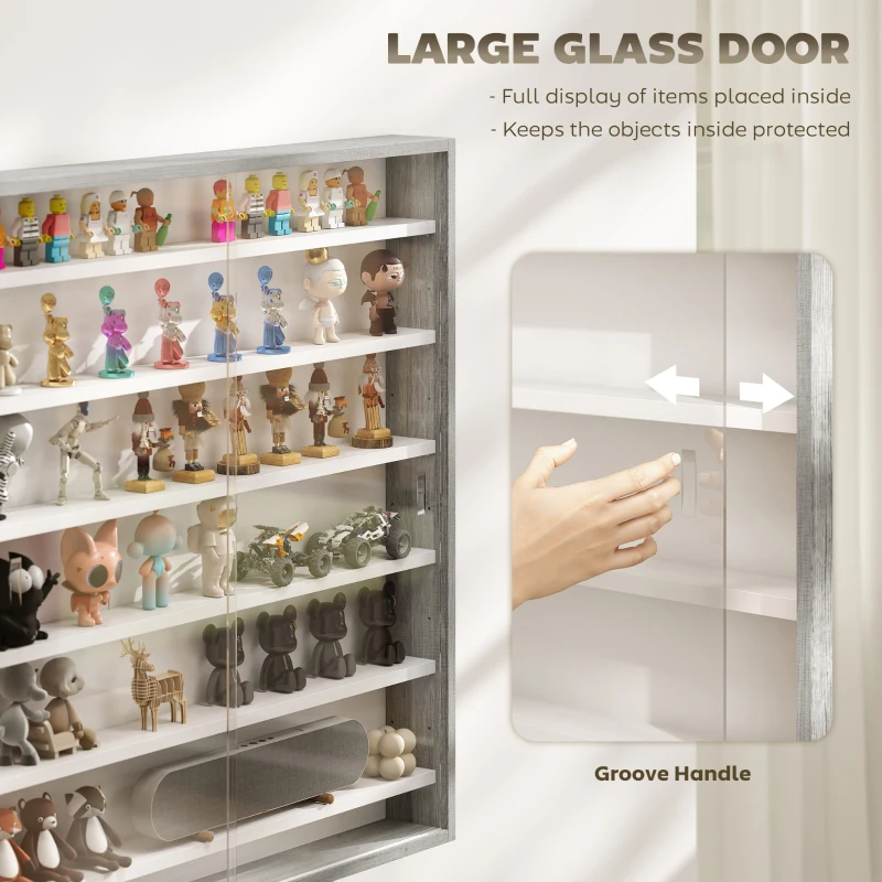 HOMCOM 7-Tier Display Cabinet, Shot Glass Display Case, Glass Curio Cabinet with 2 Glass Doors and 6 Adjustable Shelves, Grey