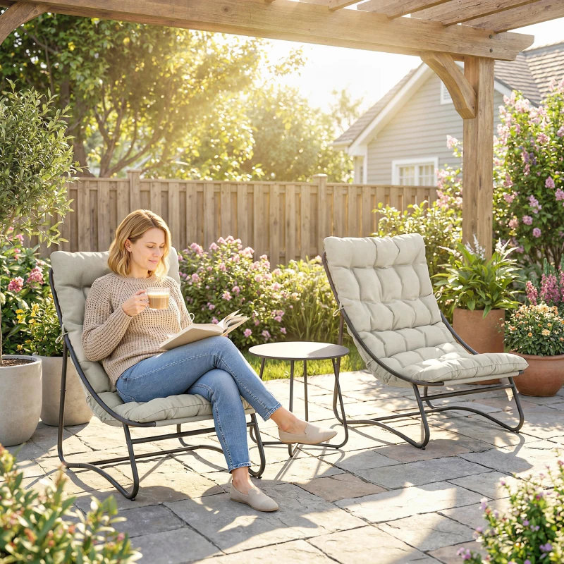 Outsunny 3 Piece Outdoor Bistro Set, Round Patio Table and Chairs Set for 2 with Breathable Mesh Seat and Cushions, Light Grey