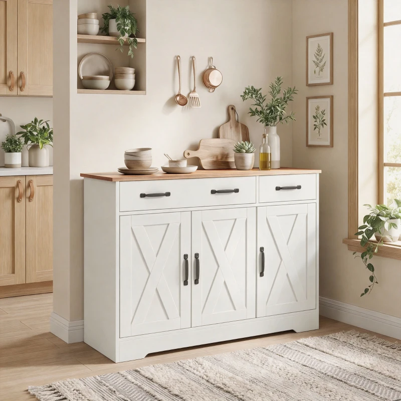 HOMCOM Sideboard Buffet Cabinet, 43" Farmhouse Kitchen Cabinet with 3 Barn Doors, 2 Drawers, 2 Adjustable Shelves, White