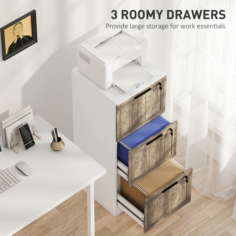 HOMCOM 3 Drawer Filing Cabinet, Farmhouse File Cabinet with Lock, Adjustable Hanging Rails for A4 Letter Size Files, White