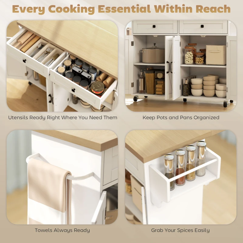 HOMCOM Kitchen Island with Storage, Rolling Kitchen Cart with Charging Station, Drop Leaf, Spice Rack, Towel Rack, Drawers