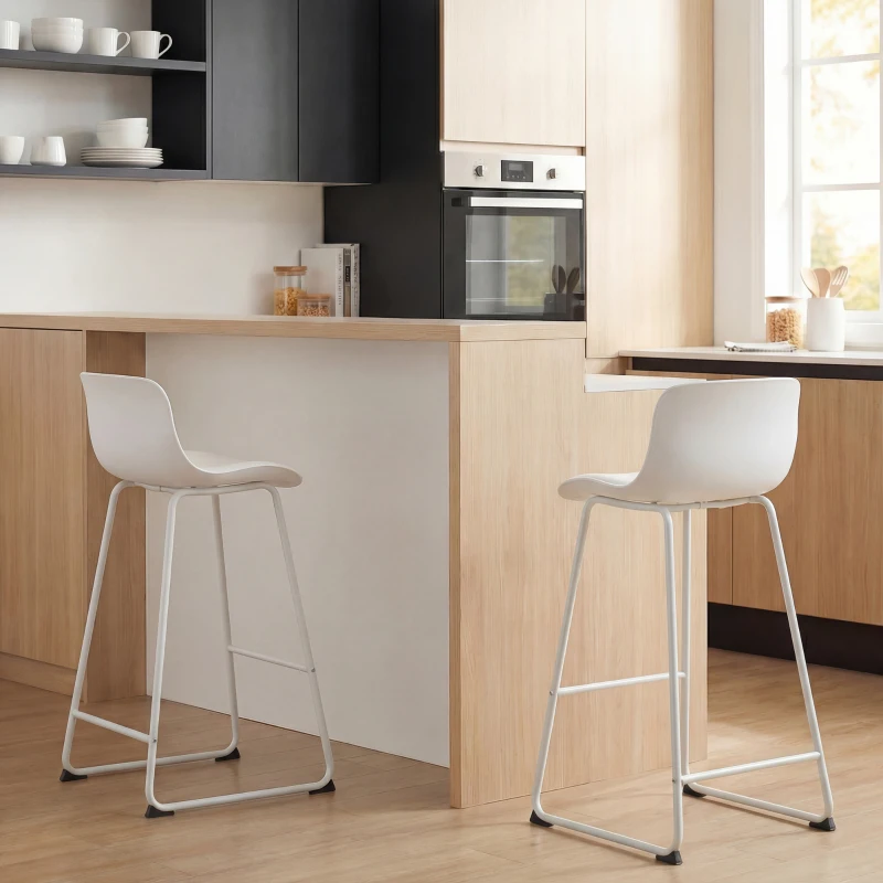 HOMCOM Modern Bar Stools Set of 2, PU Leather Barstools, Counter Height Kitchen Chairs for Breakfast Bars, Dining Room, White