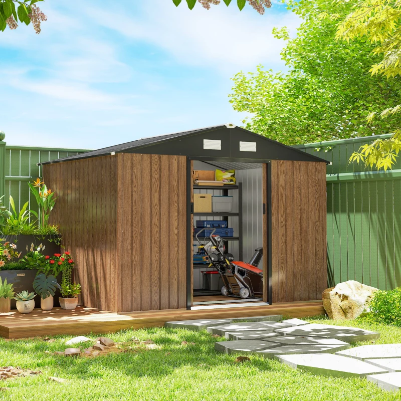 Outsunny 9.1'x6.4'x6.3' Garden Storage Shed, Outdoor Storage Tool House with Vents, Foundation and Lockable Double Doors, Teak