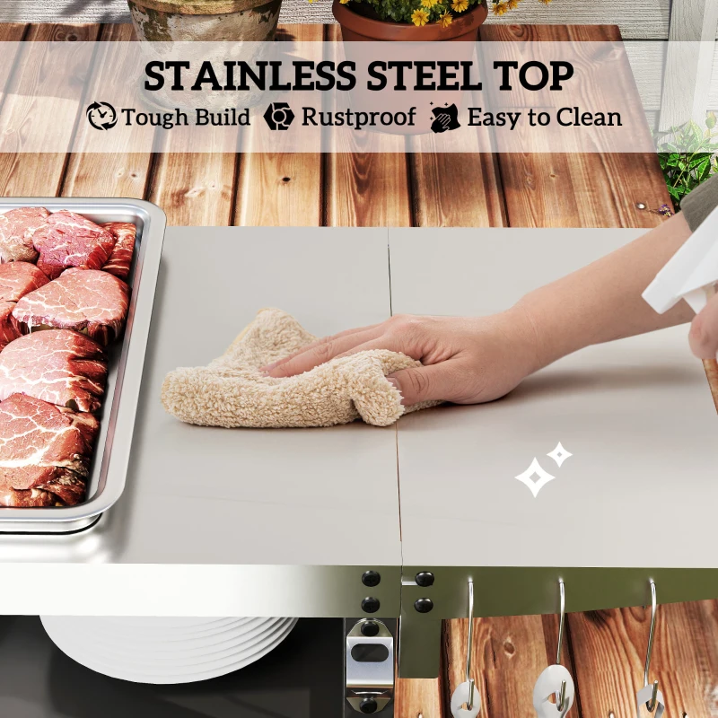 Outsunny Outdoor Grill Cart Table with Foldable Side Table, BBQ Grill Stand with Stainless Steel Top & Hooks, 45.7"x19.7", Black