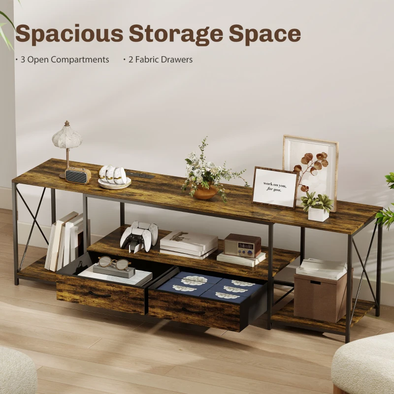 HOMCOM Industrial TV Stand for up to 60 Inch TV, TV Console with Charging Station and RGB LED Lights, Rustic Brown