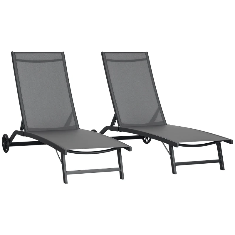 Outsunny Outdoor Lounge Chair Set of 2, Tanning Chair with Wheels, Breathable Mesh for Patio, Backyard, Poolside, Dark Grey
